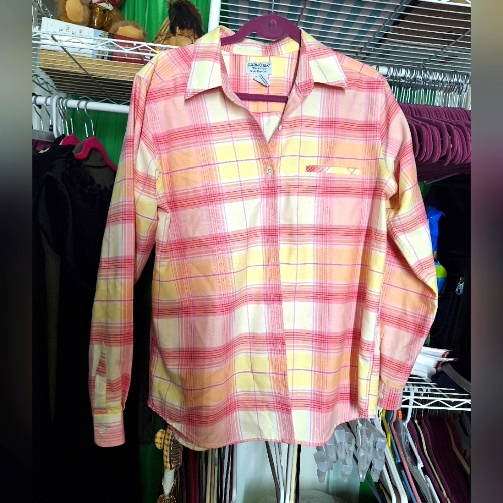Cabin Creek plaid button down shirt size 12T pink white and yellow